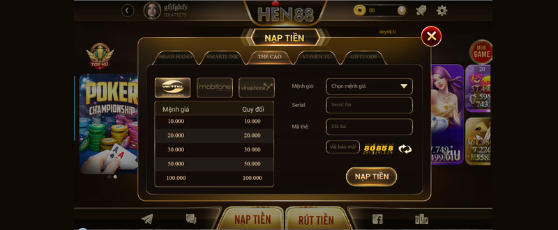 nạp tiền Tài Xỉu Hen88 Club