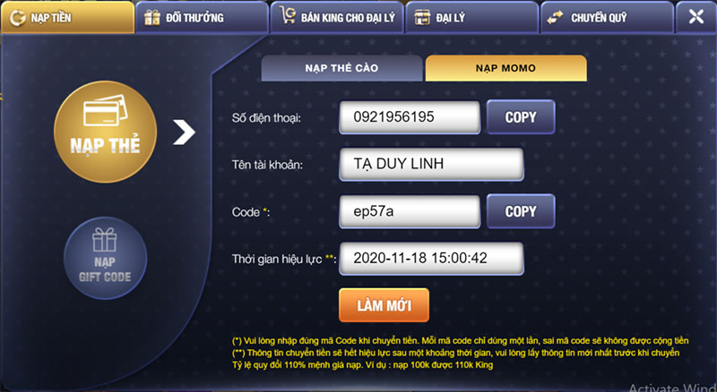 tài xỉu king fun nạp tiền