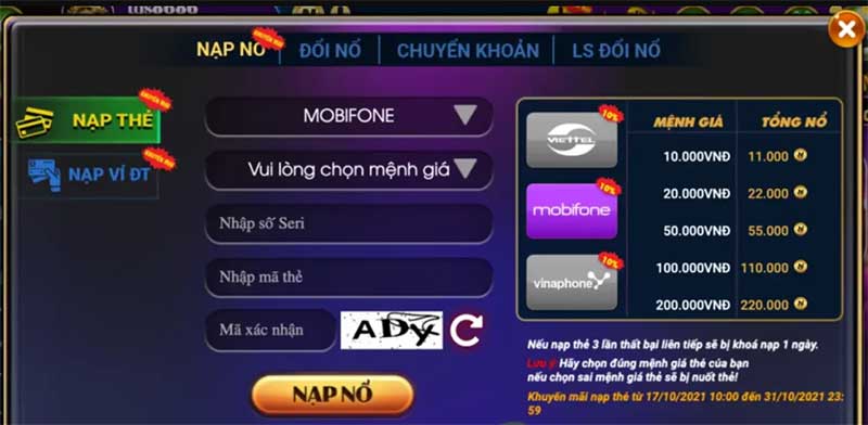 nạp tiền Siêu Nổ Hũ