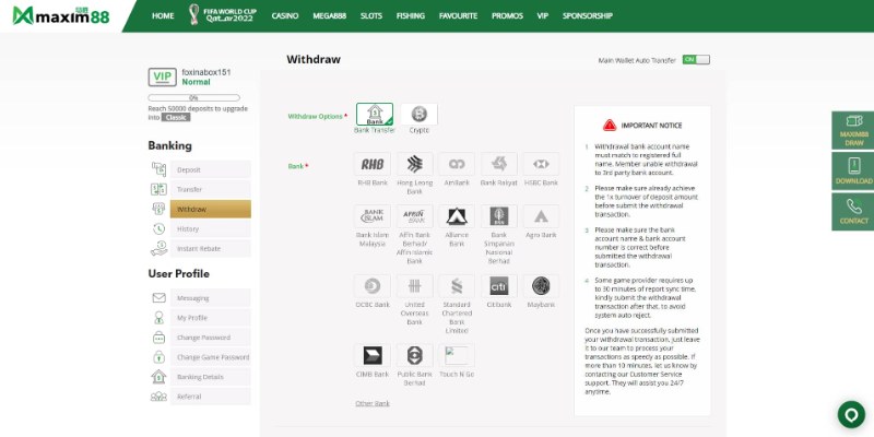 Rút tiền MAXIM88