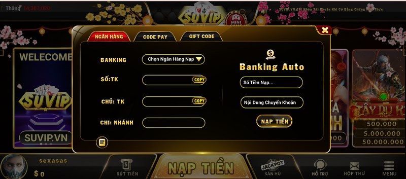 Nạp tiền Suvip để có vốn chơi tài xỉu